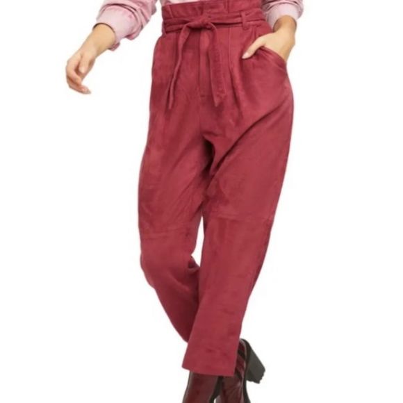 Free People Vegan Faux Suede Pants Cropped Pants Queen Pomegranate 6 NWT - Picture 1 of 9